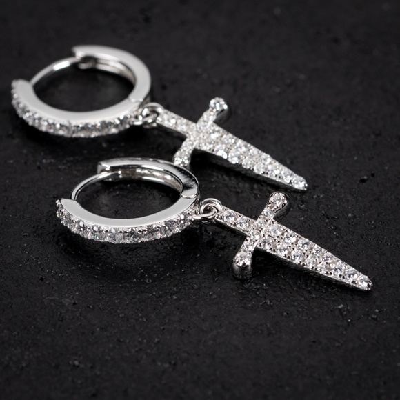 Hanging Dangle Sterling Silver Iced Dagger Cross Hoop Earrings - Picture 2 of 5